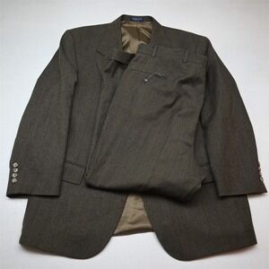 Vtg USA Made 46S 40x29 Brown Herringbone 100% Wool Flannel Jacket Pants Suit